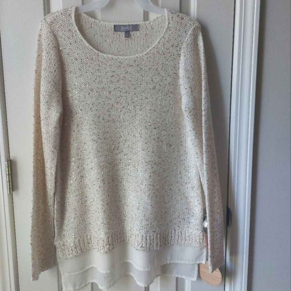 Marled Reunited Clothing - Cream Sweater w/ Sequins Chiffon Hem Embellished